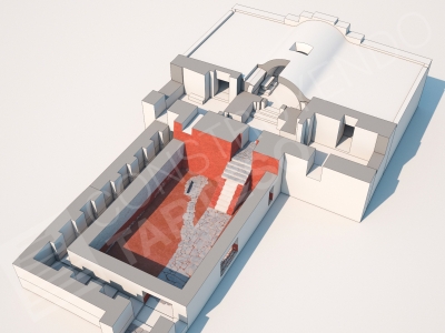 Reconstrucción 3D hipotética del patio y escalera. Autor: J.R. Casals