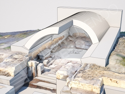 Hipótesis 3D de la reconstrucción de la bóveda del yacimiento de Casas del Turuñuelo (Guareña, Badajoz). Autor: J.R. Casals